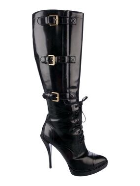 GUCCI Black Leather Riddle Knee High Lace-Up Platform Buckle Boot 2009 EU 7.5
